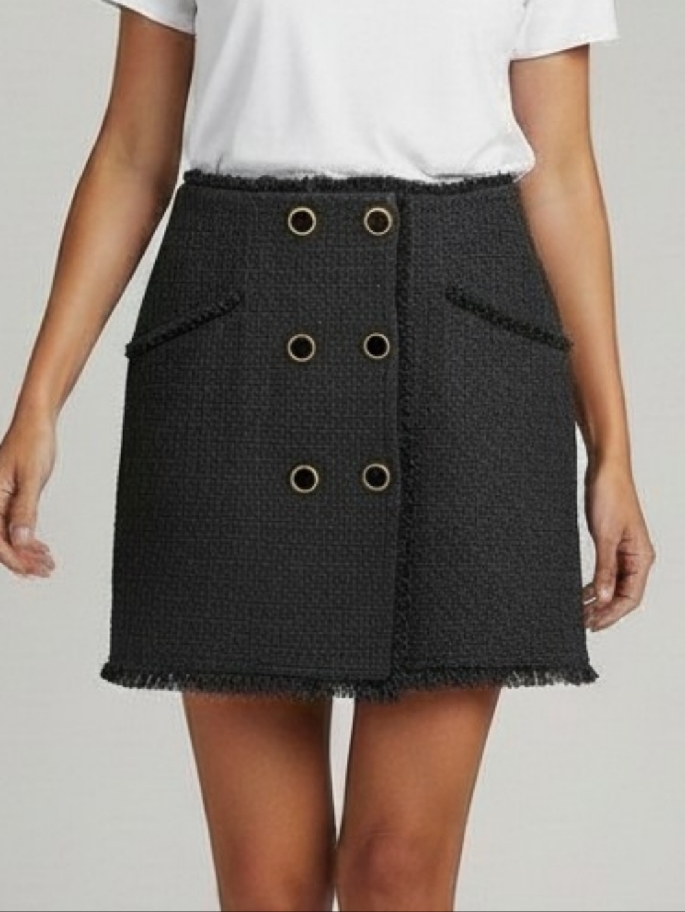 Anthropologie Maeve NWT Tweed Mini Wrap Skirt With Fringe In Black 4p